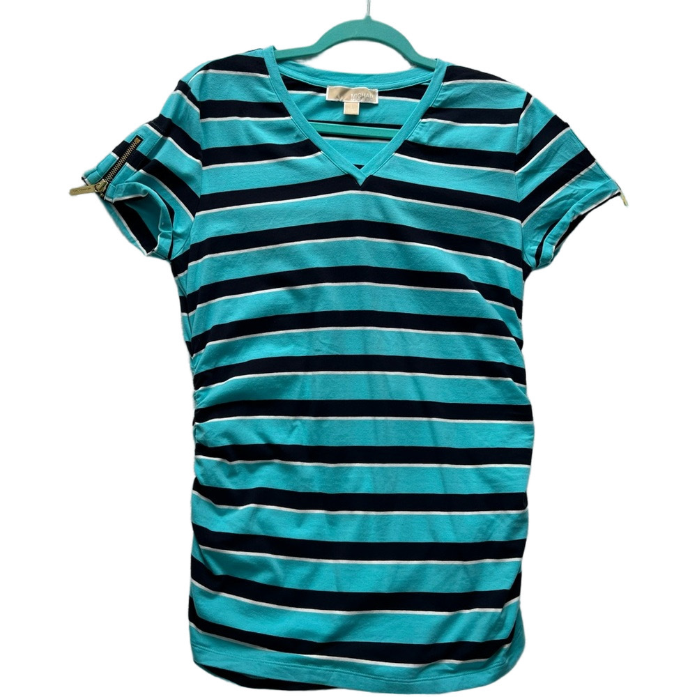 Michael Kors Striped Zipper Short Sleeve Top - Size L